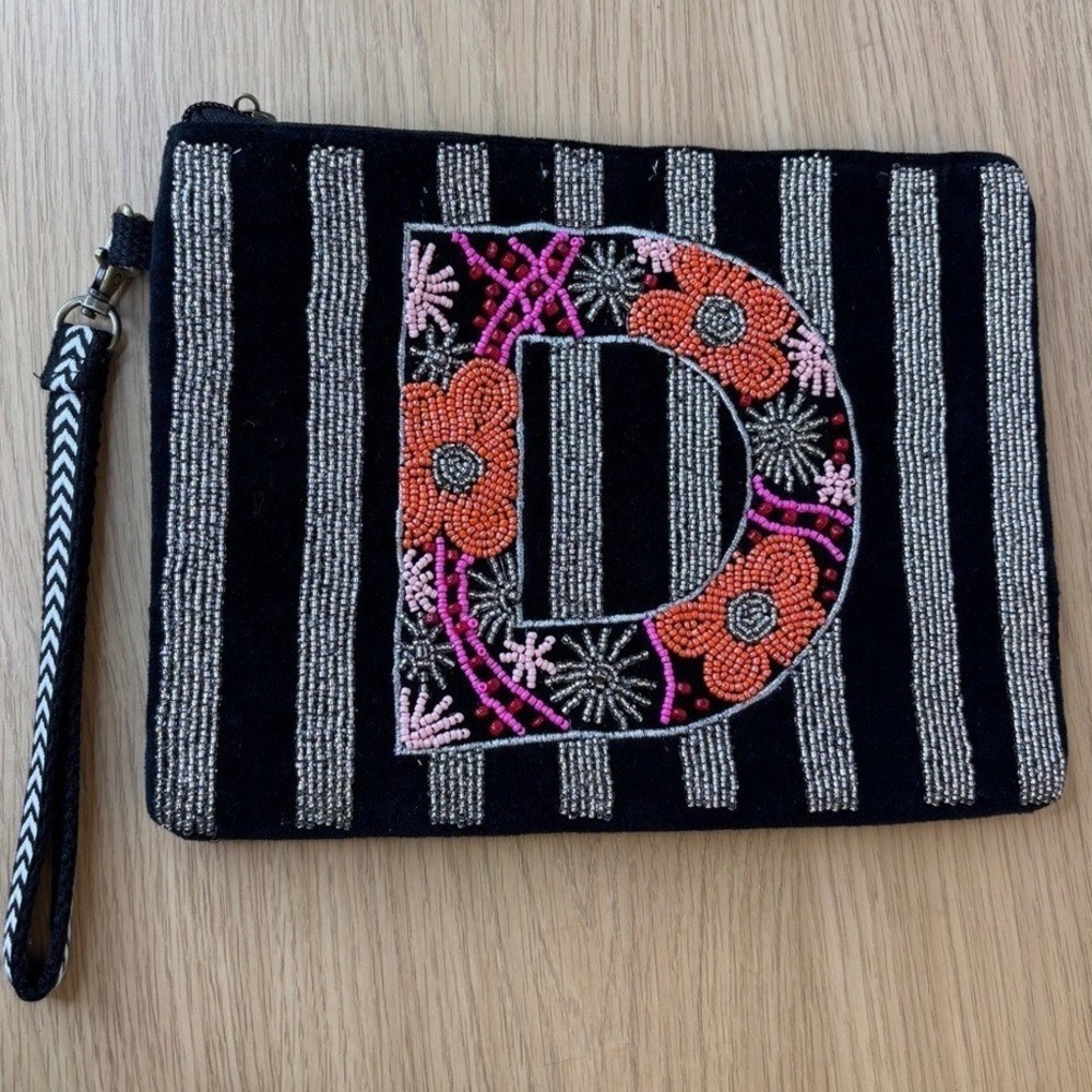 America & Beyond Beaded Initial D‎ Wristlet Clutch Black Velvet Floral Striped